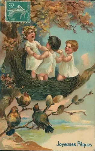 Präge Ak Glückwunsch Ostern, Kinder im Vogelnest, Weidenkätzchen