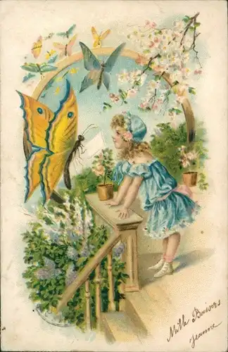 Präge Litho Mädchen bekommt einen Brief, Schmetterling, Garten