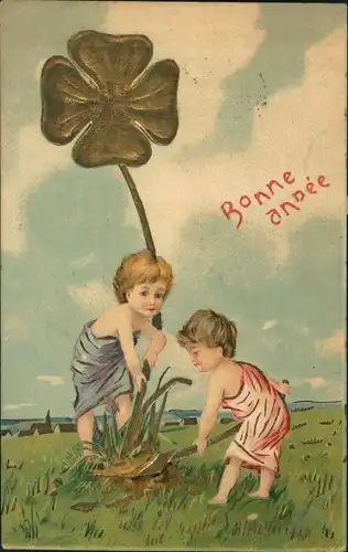 Präge Glitzer Ak Glückwunsch Neujahr, Kinder, Schaufel, Glücksklee