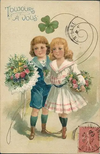 Präge Litho Kinder, Gratulanten, Blumen, Glücksklee