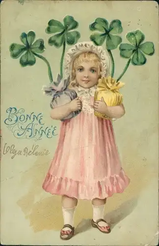 Präge Litho Glückwunsch Neujahr, Mädchen, Glücksklee
