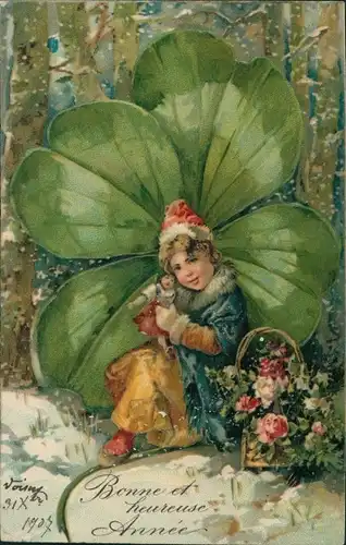 Präge Ak Glückwunsch Neujahr, Mädchen, Puppe, Blumen, Glücksklee