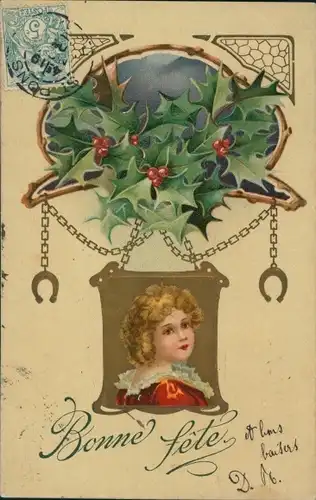 Präge Ak Glückwunsch, Mädchen-Portrait, Stechpalme, Hufeisen