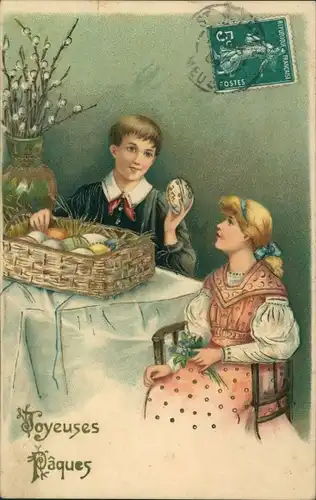 Präge Ak Glückwunsch Ostern, Kinder, Ostereier, Weidenkätzchen