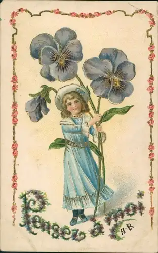 Präge Glitzer Litho Mädchen, Veilchen, Rosen, Kitsch