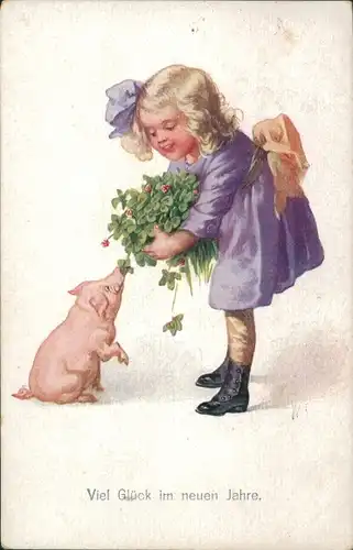 Ak Glückwunsch Neujahr, Mädchen füttert ein Schwein, Glücksklee