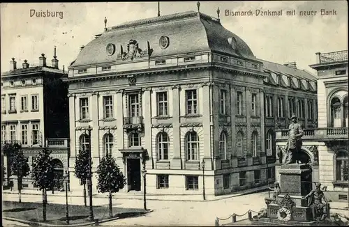 Ak Duisburg im Ruhrgebiet, Bismarck-Denkmal, neue Bank