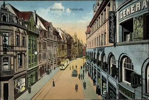 Ak Duisburg im Ruhrgebiet, Kuhstraße, Geschäfte, Straßenbahn