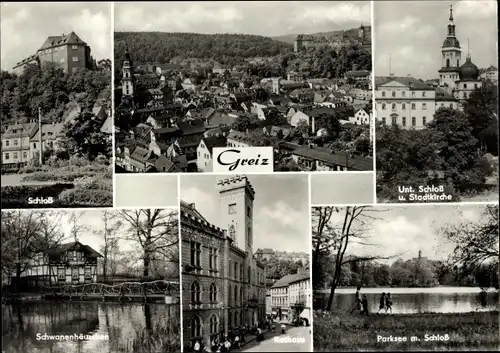 Ak Greiz im Vogtland, Schwanenhäuschen, Schloss, Parksee, Rathaus, Stadtkirche, unteres Schloss