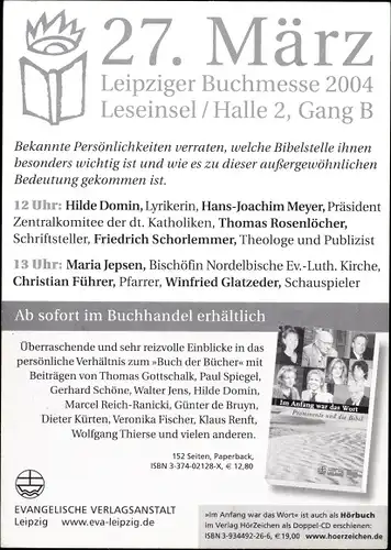 Ak Am Anfang war das Wort, Prominente und die Bibel, Gottschalk, Reich Ranicki, Glatzeder, Autogramm