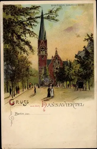 Litho Berlin Mitte, Partie im Hansaviertel mit Kirche