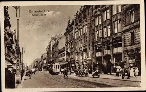 Ak Karlsruhe in Baden, Kaiserstraße, Geschäfte, Straßenbahn, Aretz & Cie