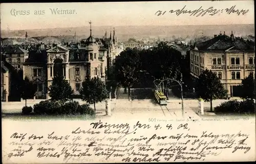 Ak Weimar in Thüringen, Panorama, Hotel Kaiserin Auguste, Straßenbahn