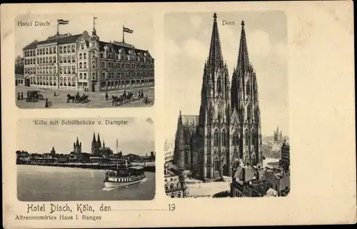 Ak Köln am Rhein, Hotel Disch, Schiffbrücke mit Dampfer, Dom