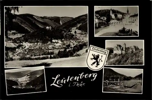 Ak Leutenberg in Thüringen, Wappen, Panorama, Schwimmbad, Burg, Teilansichten