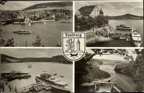 Ak Saalburg in Thüringen, Wappen, Stausee, Dampfer, Schiffsanleger, Aussichtsplattform