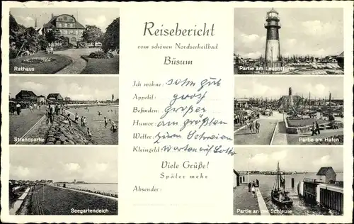 Ak Nordseebad Büsum, Rathaus, Strand, Schleuse, Hafen, Leuchtturm, Seegartendeich