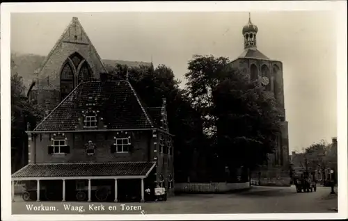 Ak Workum Friesland Niederlande, Waag, Kirche und Turm