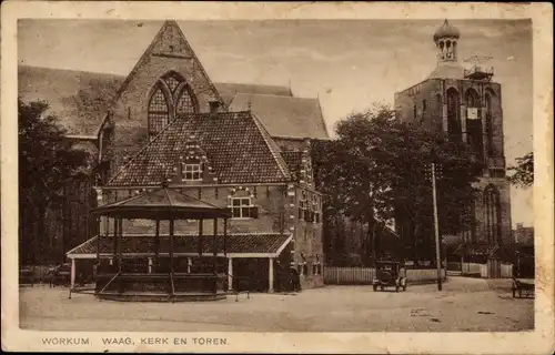 Ak Workum Friesland Niederlande, Waag, Kirche und Turm