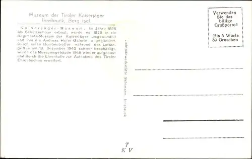 Ak Innsbruck in Tirol, Museum der Tiroler Kaiserjäger, Berg Isel