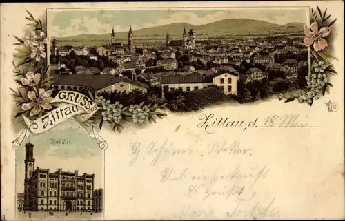 Litho Zittau in der Oberlausitz, Rathaus, Gesamtansicht vom Ort, Kirchturm