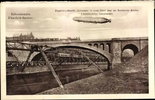 Ak Barmen Wuppertal, Zeppelin Luftschiff Schwaben, Sonnborner Brücke, Schwebebahn, Straßenbahn, Zug