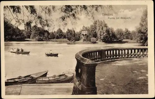 Ak Wrocław Breslau in Schlesien, Partie im Südpark, Ruderboote