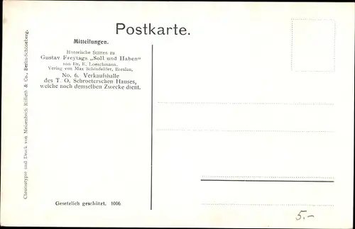 Künstler Ak Freytag, Gustav, Wrocław Breslau in Schlesien, Schroeterschen Haus Verkaufshalle