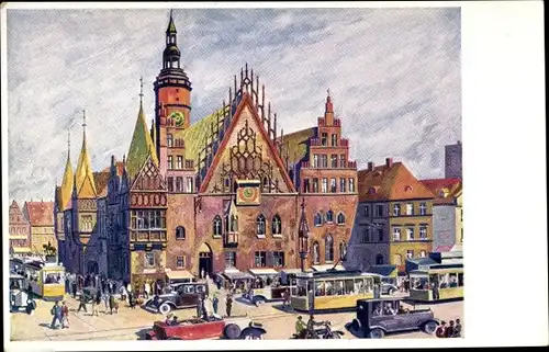 Künstler Ak v. Hout, Wrocław Breslau in Schlesien, Partie am Rathaus