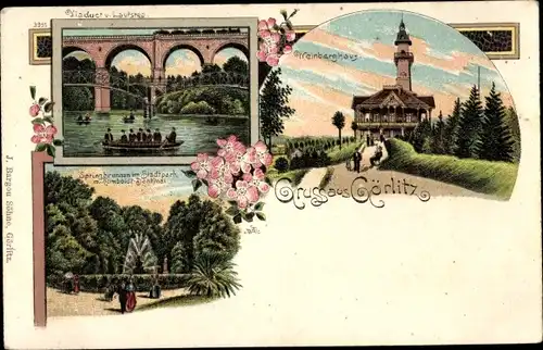 Litho Görlitz in der Lausitz, Viadukt, Springbrunnen im Stadtpark, Humboldt Denkmal, Weinberghaus