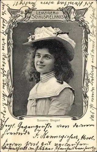 Passepartout Ak Schauspielerin Susanne Siegert, Hut, Leipziger Schauspielhaus