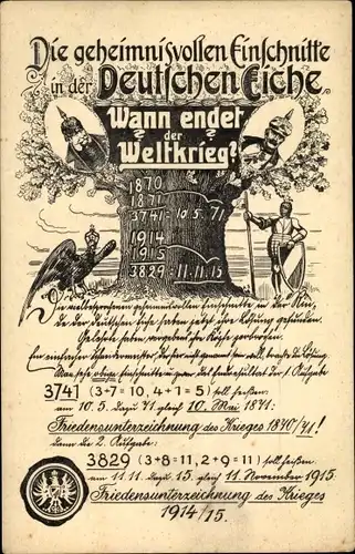Ak Die geheimnisvollen Einschnitte in der Deutschen Eiche, Kaiser, Zahlenrätsel