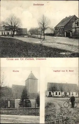 Ak Groß Ziethen in der Uckermark, Dorfstraße, Kirche, Gasthof