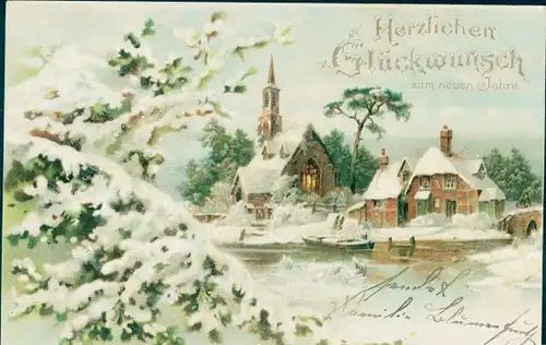 Glitzer Litho Glückwunsch Weihnachten, Kirche, Haus, Tannenbaum