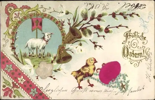 Präge Stoff Ak Glückwunsch Ostern, Lamm, Glocken, Küken, Osterei, Weidenkätzchen