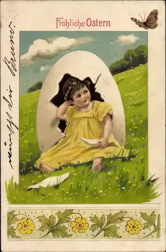 Präge Litho Glückwunsch Ostern, Mädchen, Eierschale, Blumenwiese