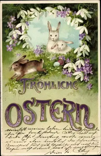 Litho Glückwunsch Ostern, Osterhasen, Schneeglocken, Ostereier