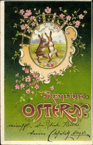 Präge Litho Glückwunsch Ostern, Tanzende Osterhasen, Blumen