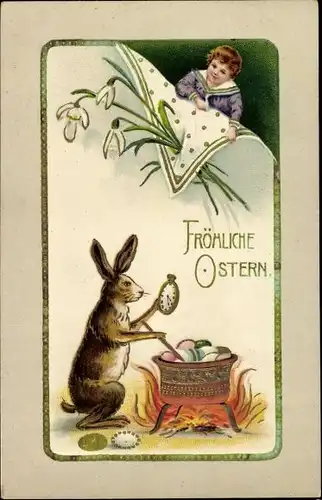 Präge Ak Glückwunsch Ostern, Osterhase, Uhr, Ostereier, Schneeglocken