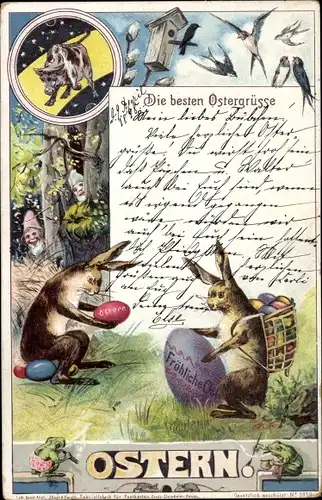 Litho Glückwunsch Ostern, Osterhasen, Ostereier, Frösche, Schwalben