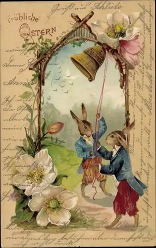 Präge Litho Glückwunsch Ostern, Osterhasen, Glocke, Blumen