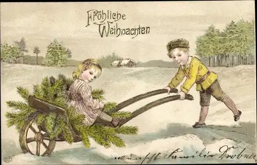 Präge Ak Glückwunsch Weihnachten, Kinder, Schubkarre, Tannenzweige