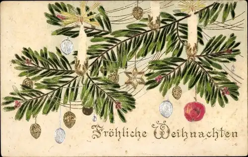 Präge Litho Glückwunsch Weihnachten, Tannenbaum, Weihnachts-Dekorationen, Kerzen