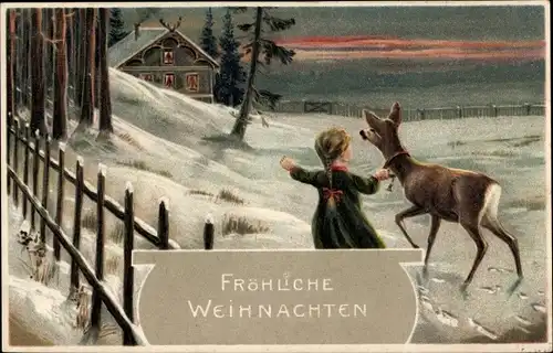 Ak Glückwunsch Neujahr, Winterlandschaft, Mädchen mit Reh, Glocke, Haus, Waldrand