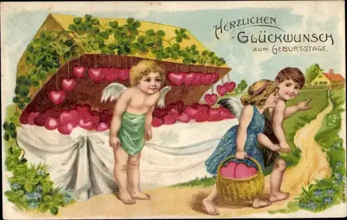 Präge Ak Glückwunsch Geburtstag, Kinder, Engel, Händler, Herzen, Glücksklee