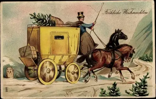 Präge Ak Glückwunsch Weihnachten, Postkutsche, Tannenbaum, Pferde