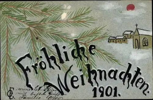 Ak Glückwunsch Weihnachten, Tannenzweige, Kirche