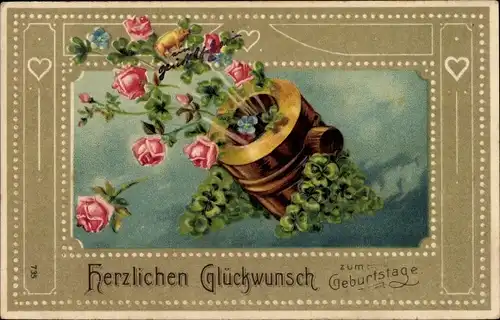 Präge Passepartout Ak Glückwunsch Geburtstag, Glücksklee, Rosen