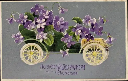 Präge Ak Glückwunsch Geburtstag, Automobil mit Veilchen
