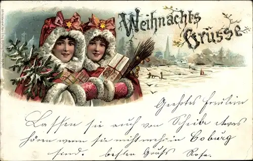 Litho Glückwunsch Weihnachten, Mädchen, Geschenke, Tannenbaum